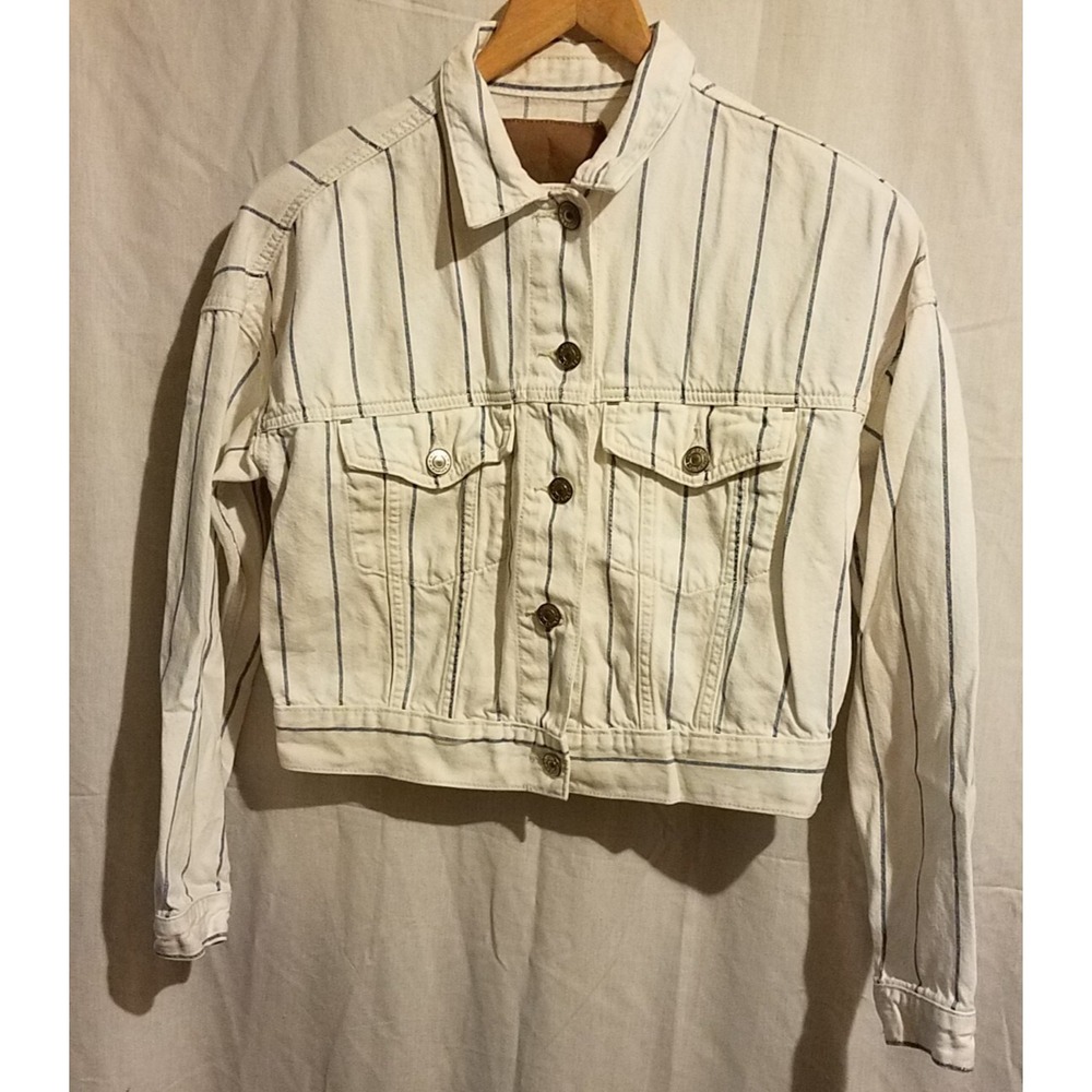 American Eagle Women Crop White‎ Blue Striped Denim Jacket Size XS Junior